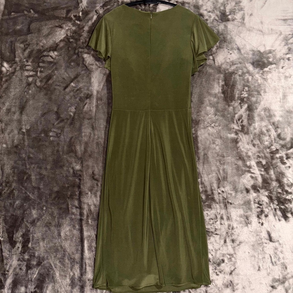 Mac Duggal Olive Green Ruched Midi Dress Surplice Flutter‎ Sleeve Sexy NWT 2 - Picture 3 of 15